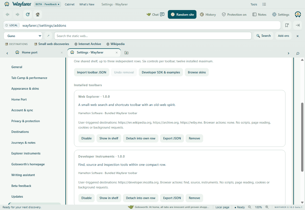 Wayfarer showing Add-ons & toolbar catalog