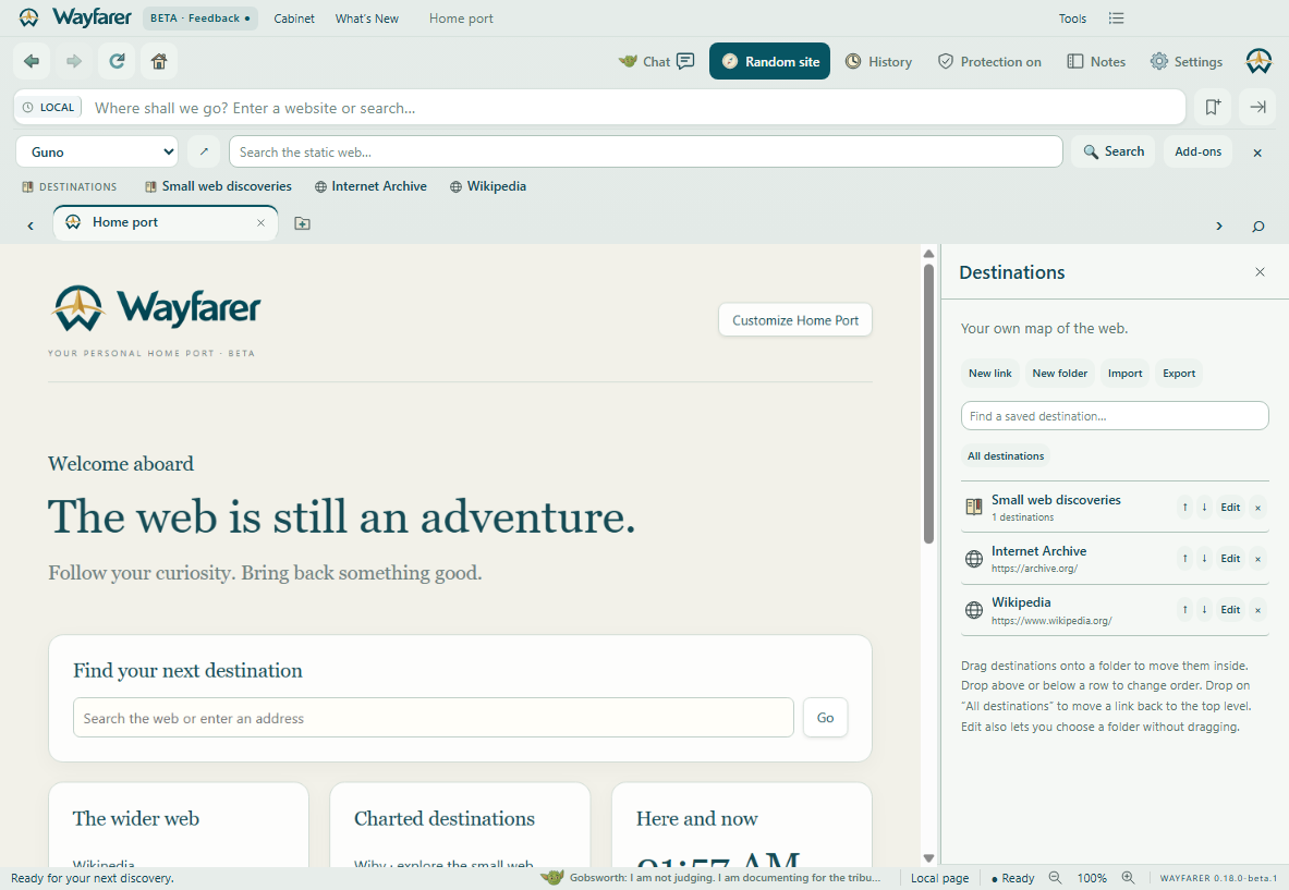 Wayfarer Beta showing Your map of the web
