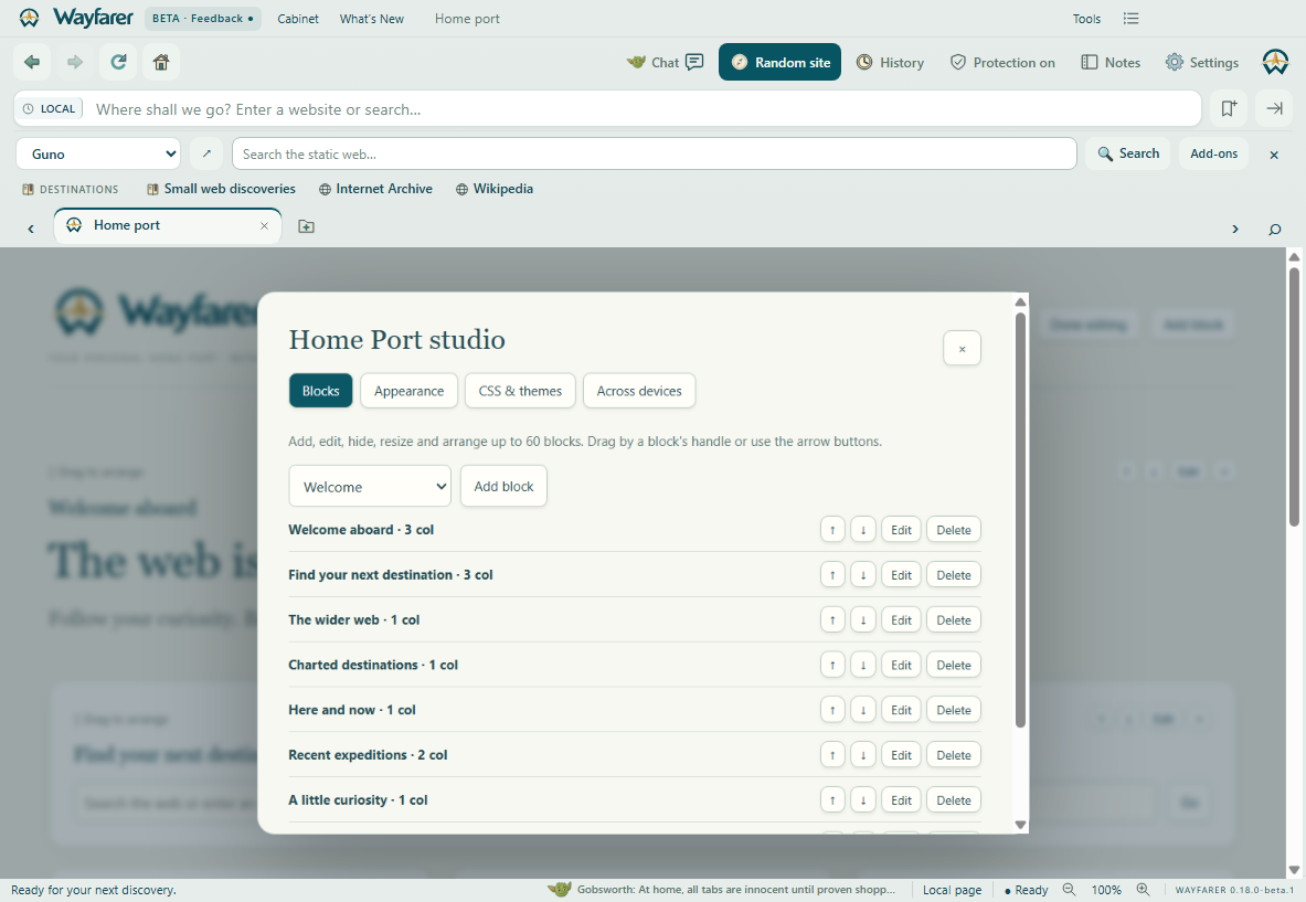 Wayfarer Beta showing Build your own front page