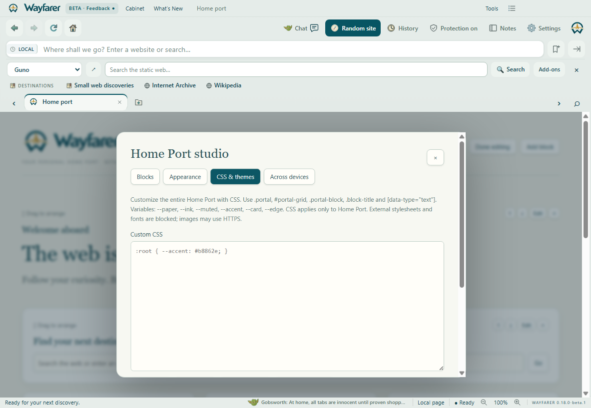 Wayfarer Beta showing For the CSS tinkerers