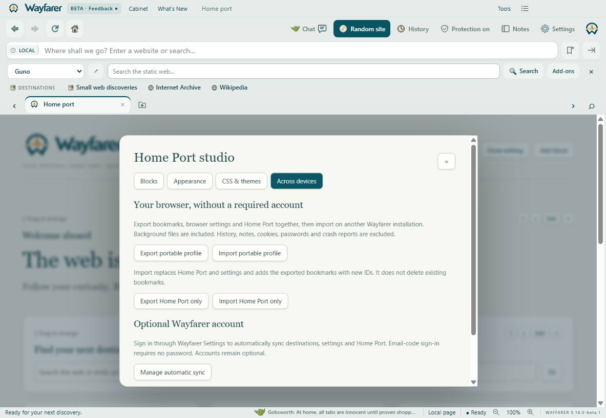Wayfarer Beta showing Bring your home port along