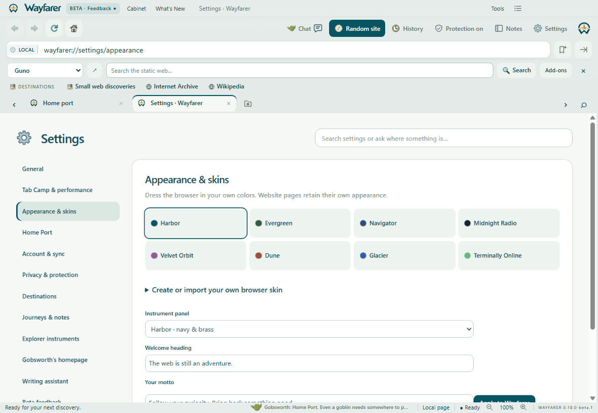 Wayfarer Beta showing Optional accounts, automatic sync