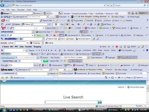 Historical Internet Explorer window with numerous stacked search and shortcut toolbars crowding the webpage